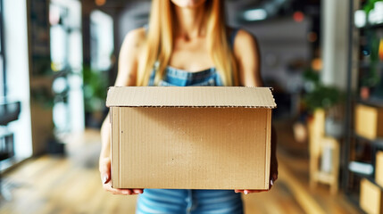A woman holds a brown cardboard box.