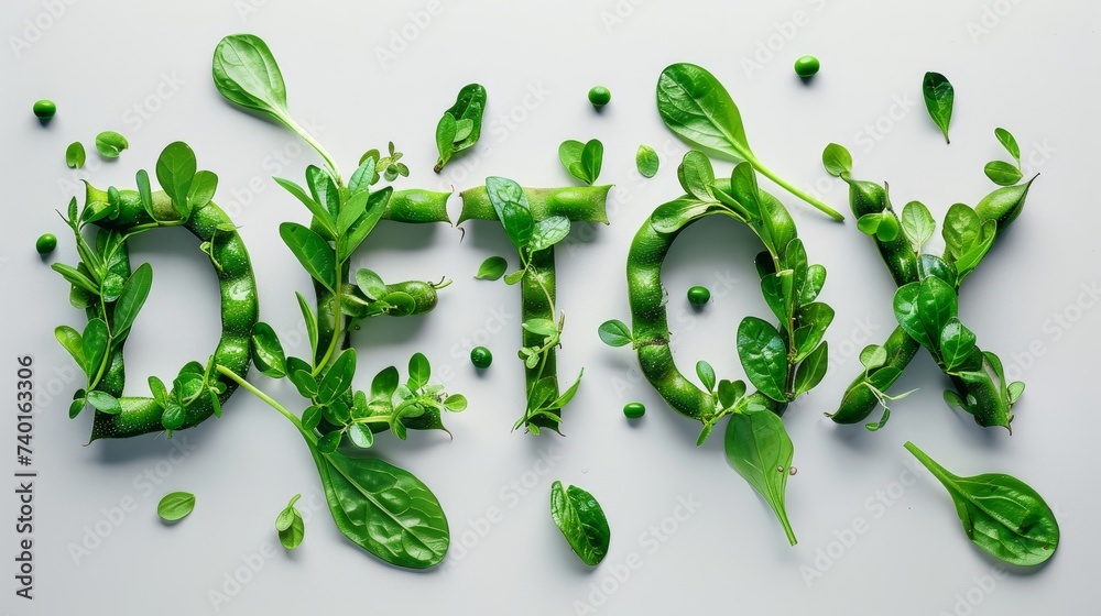 Poster word detox creatively spelled out using spinach leaves. the green leaves are arranged to form each l