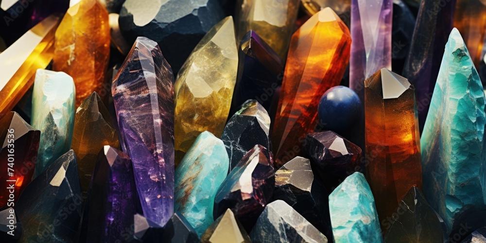 Poster a detailed view of a cluster of crystals, perfect for backgrounds or design elements