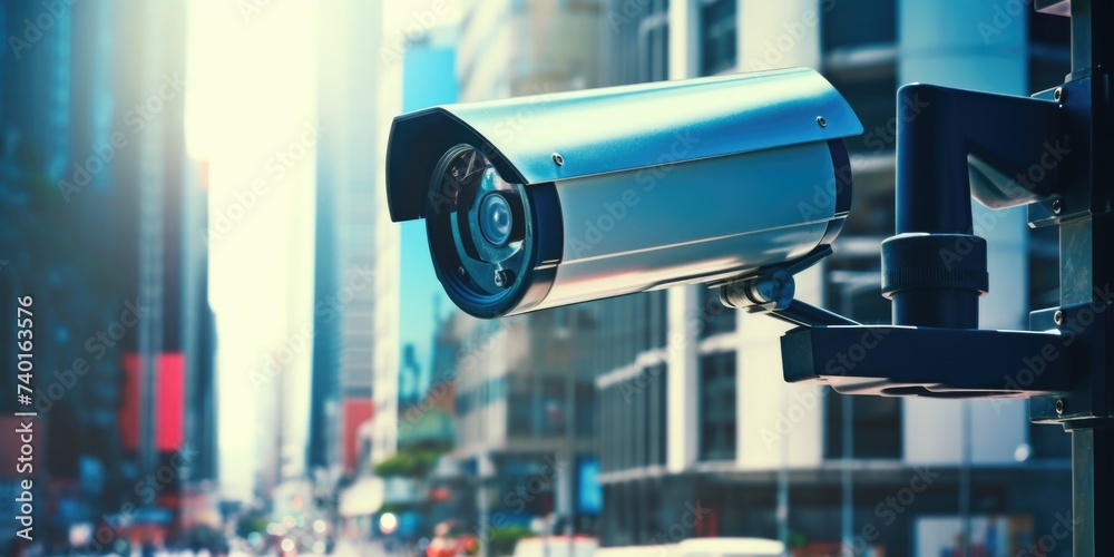 Poster close up view of a camera mounted on a pole in a bustling city street. suitable for security and sur