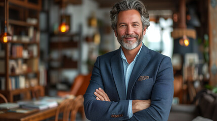 Happy middle aged business man standing in office arms crossed wearing a suit and shirt, Ai generated image