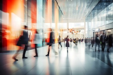 Shoppers in a modern mall with a blurred background. Concept Modern Mall, Shopping Experience, Blurred Background, Retail Therapy, Busy Shoppers