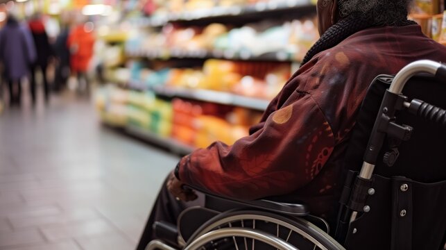 close up of a black elderly person in a wheelchair at a supermarket