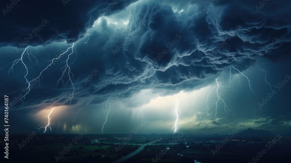 Poster A dramatic image of a large cloud filled with lightning bolts. Perfect for illustrating storms and weather-related concepts