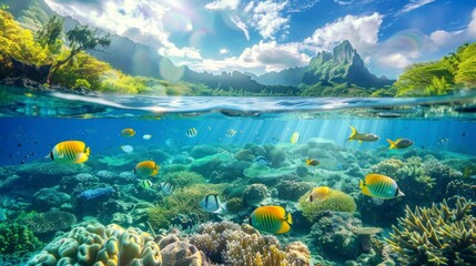 beautiful paradise island seen from the sea with fish below on sunny day in summer in high resolution - obrazy, fototapety, plakaty