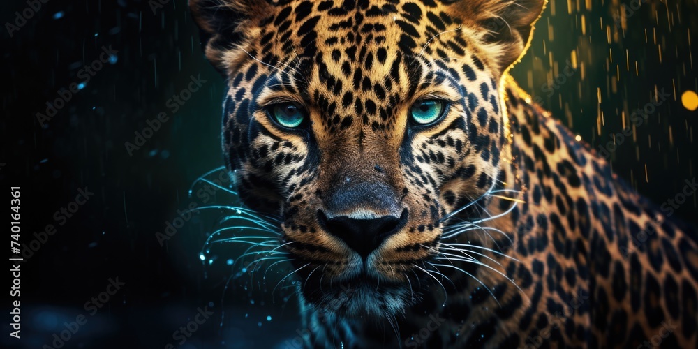 Poster close up of a leopard's face in the rain. suitable for wildlife and nature themes