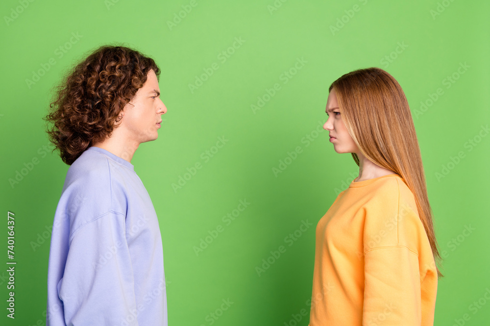 Sticker Profile portrait of two unsatisfied moody people sullen face look each other isolated on green color background