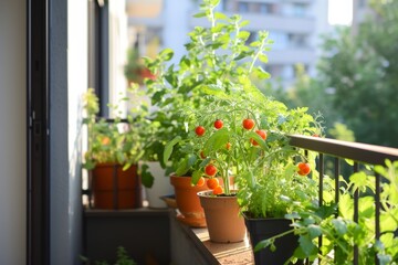 Fototapeta na wymiar flowers in pots on the balcony windowsill