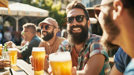 Friends Enjoying Beers on a Terrace of a Spanish Bar in Summer - obrazy, fototapety, plakaty