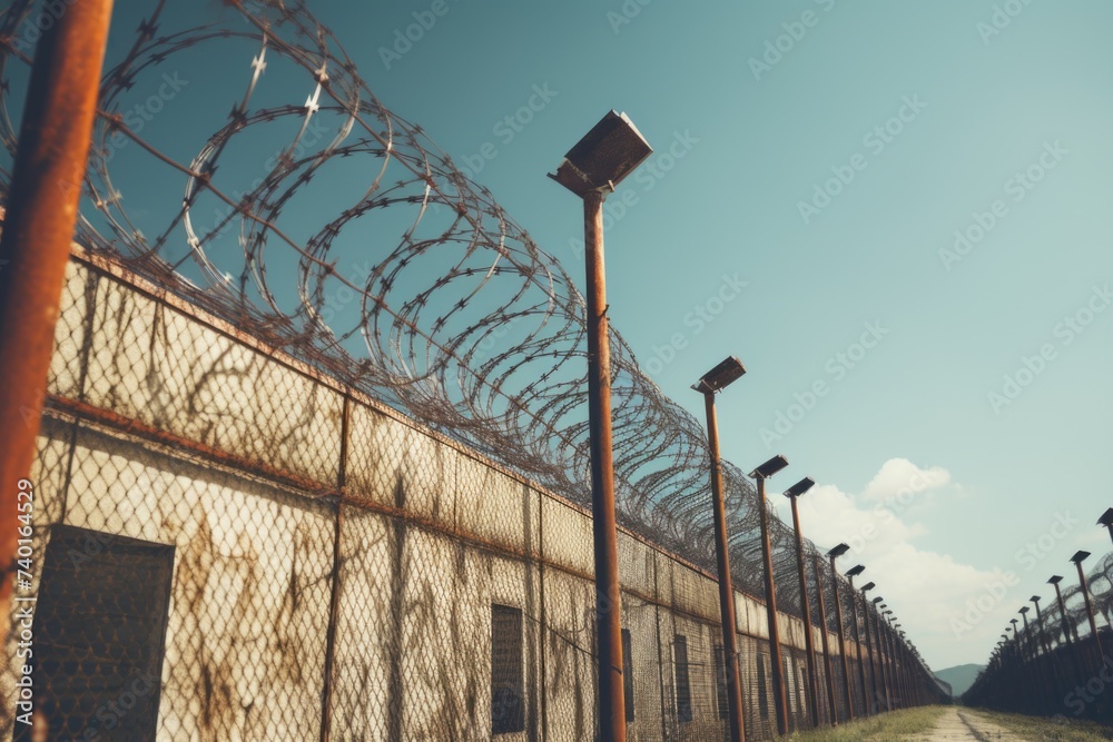 Poster a building enclosed by a barbed wire fence, suitable for security concepts