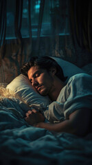 Obraz premium Young handsome man sleeping in bed at night. Sleep disorder concept .