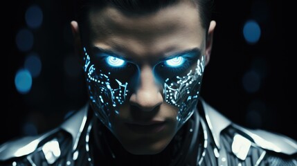 A man wearing a futuristic suit with glowing eyes. Perfect for technology and sci-fi themes - obrazy, fototapety, plakaty