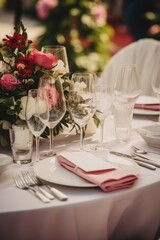 A beautifully arranged table setting with wine glasses, plates, and napkins. Perfect for formal events or elegant dinners