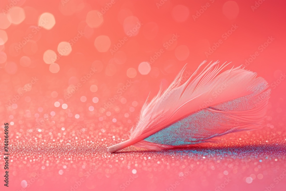 Poster a delicate pink and blue feather delicately rests on a soft pink background, creating a serene and g