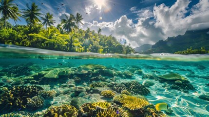 Obraz premium Beautiful paradise island seen from the sea with fish below on a sunny day in summer in high resolution and high quality. landscapes concept