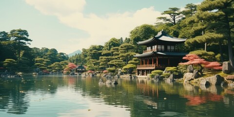 Fototapeta na wymiar Scenic view of a pagoda in the middle of a tranquil pond. Ideal for travel and nature concepts