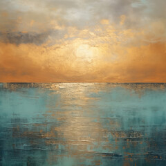 Teal and Gold Ocean Sunset Painting by Kimi Merkel - obrazy, fototapety, plakaty