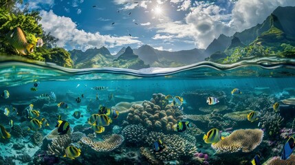 Beautiful paradise island seen from the sea with fish below on a sunny day in summer in high resolution and high quality. concept paradise landscapes of islands - obrazy, fototapety, plakaty