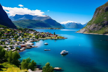 Fototapeta na wymiar Serene Coastal Landscape: Gjeving, Norway - A Rhapsody in Blue, Green, and Traditional Architecture