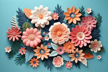 Paper cut spring flowers and leaves. Fresh spring nature background. ai generated
