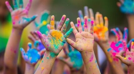 Children's hands raised up in colored powder during Holi festival in India	
