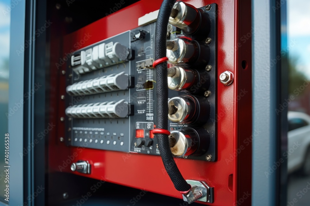 Poster detailed view of a fire engine control panel, suitable for firefighting and emergency services conce