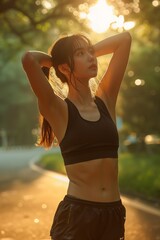 Athletic Asian woman stretches in park, sunset's warm light casting long shadows on grass. Engaged in pre-workout routine, young female stretches, golden sunlight enveloping figure.