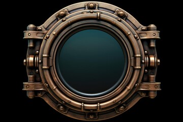 Metal porthole with black background, suitable for industrial or nautical themes
