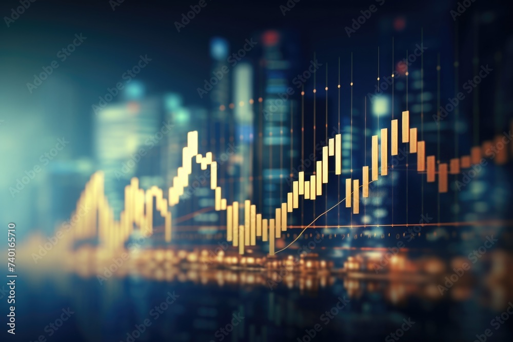 Poster a stock market chart displayed with a city skyline in the background. suitable for financial concept