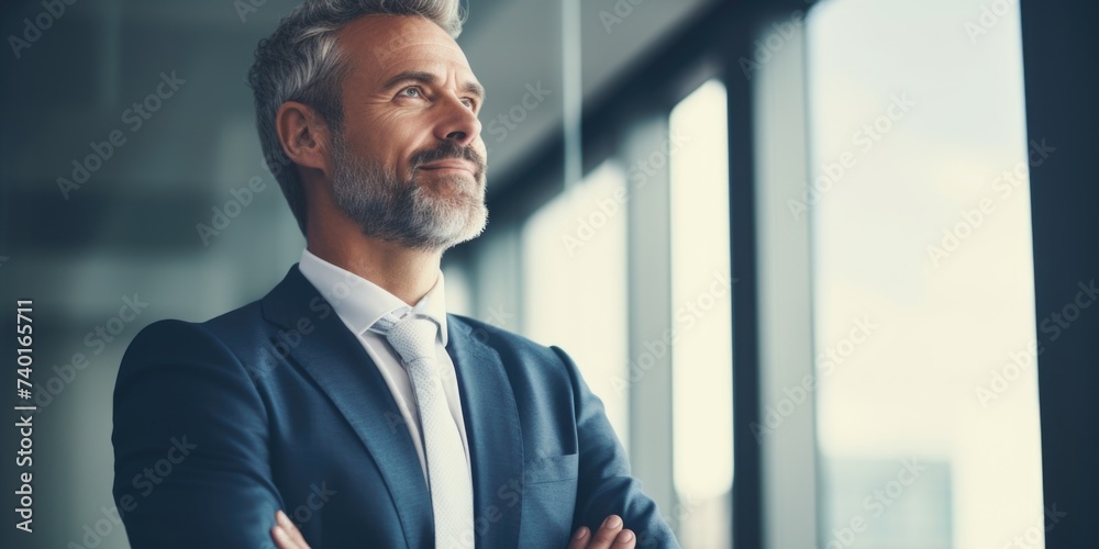 Poster a man in a suit and tie gazing out a window. suitable for business concepts