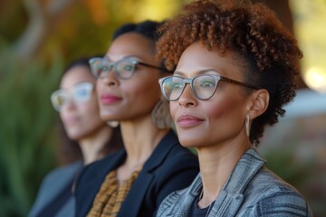 Group of African American businesswomen engage in meeting, bright office setting. Professional women with cheerful demeanors collaborate around laptops in modern workspace.