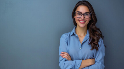 Portrait of smiling businesswoman standing with arms crossed against grey background - obrazy, fototapety, plakaty