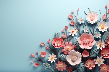 Paper cut spring flowers and leaves. Fresh spring nature background. ai generated