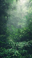 Illustration AI vertical ethereal mist in a lush green jungle. Landscape and nature concept.