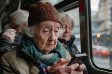 Senior woman on bus deeply focused on mobile phone, reflecting contemporary senior lifestyle. Elderly lady using smartphone in transit, connected and engaged, winter city travel.