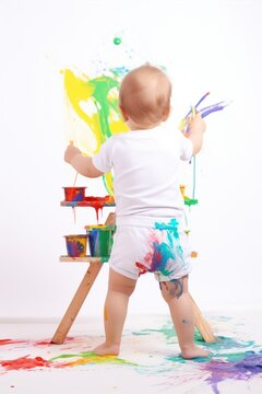 a baby is sitting at a table covered in paint
