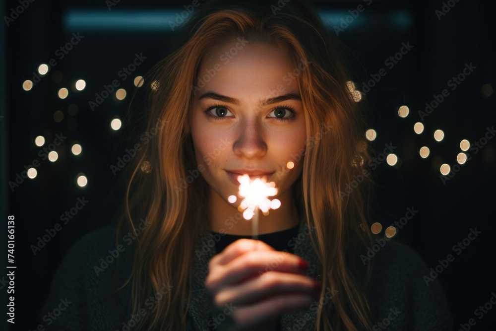 Canvas Prints A woman holding a sparkler in front of her face. Perfect for festive occasions