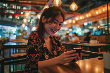 smartphone application communication Smiling pretty young woman in casual shirt sitting at table in cafe and checking messenger while using smartphone conversation text video calling with friend - obrazy, fototapety, plakaty