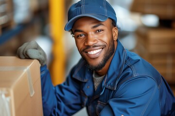 African American delivery man with a captivating smile leaning on a parcel at a storage facility. Warehouse worker in blue uniform with a friendly demeanor resting on a boxed shipment.