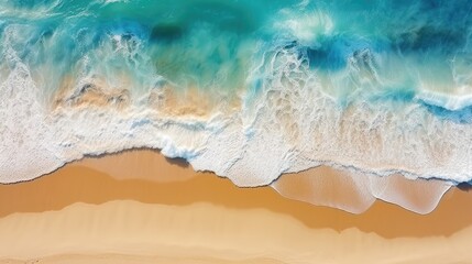 Fototapeta na wymiar Beach and waves from above. Turquoise water background with top view. Summer seascape from the air.