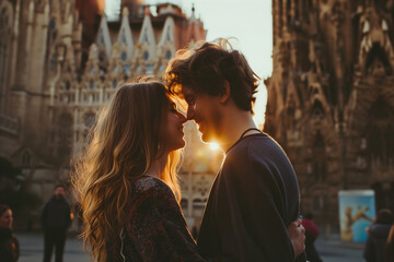 Couple near the Sagrada Familia at sunset