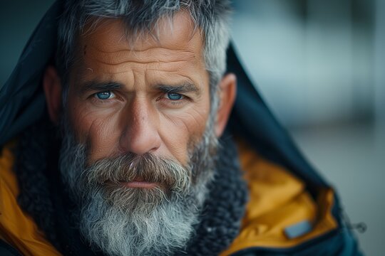Elderly homeless man in outdoor attire gazes sternly, his weathered features suggesting resilience amidst urban life's hustle. Stern expression marks seasoned face of male clad in weatherproof gear