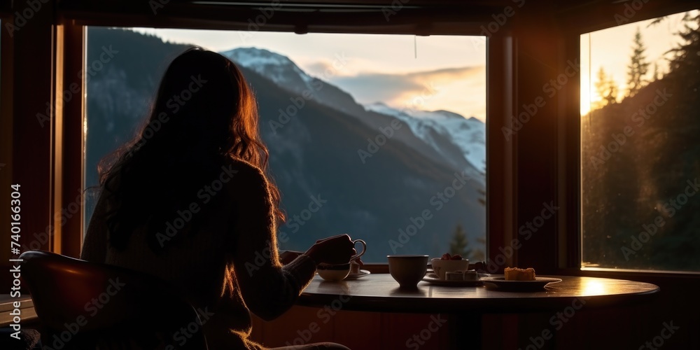Poster a woman sitting at a table in front of a window. suitable for lifestyle or home office concepts