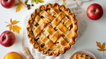Homemade apple pie on a white background with apples and autumn leaves - Powered by Adobe