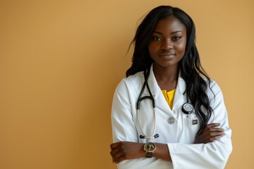 Serene female medical practitioner with stethoscope, arms folded, stands against warm-toned backdrop, radiating calmness. exudes serenity in front of a mustard-hued wall, medical tools on display