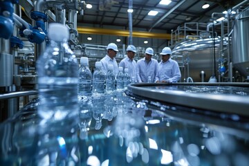 Modern factory process with team of service engineer in a water filtration control room and using a tablet computer to check process of raw water filtration for mineral water bottling production line - obrazy, fototapety, plakaty