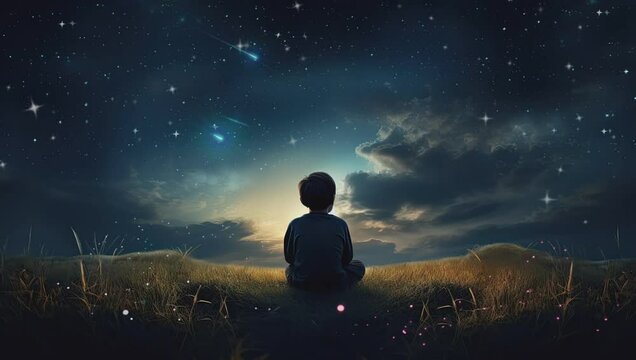 little boy looking at night sky motion