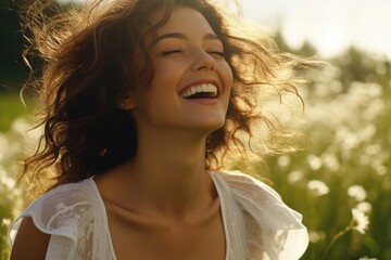 A joyful woman laughing in a vibrant flower field. Perfect for lifestyle and happiness concepts