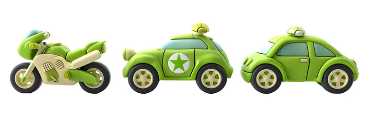 Three green toy vehicles, including a motorcycle, a compact car, and a buggy, isolated on a transparent background.