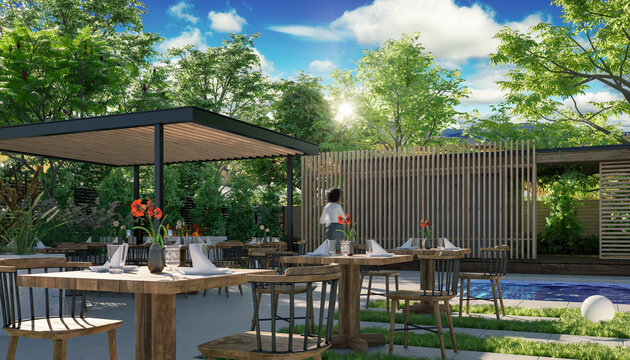 Outdoor Patio Restaurant at a Pool and Sunny Sky in Background - 3D Visualization
